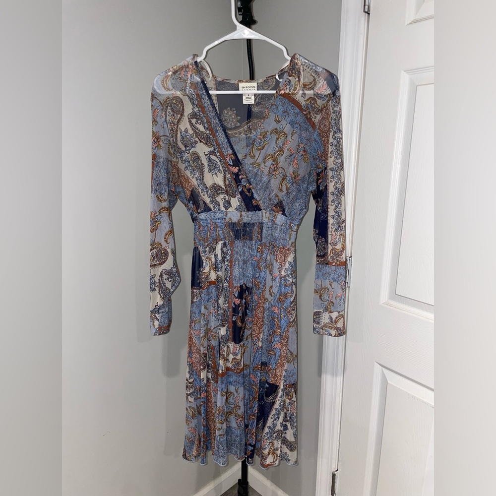 Enfocus Blue and Cream Paisley Long Sleeve Dress